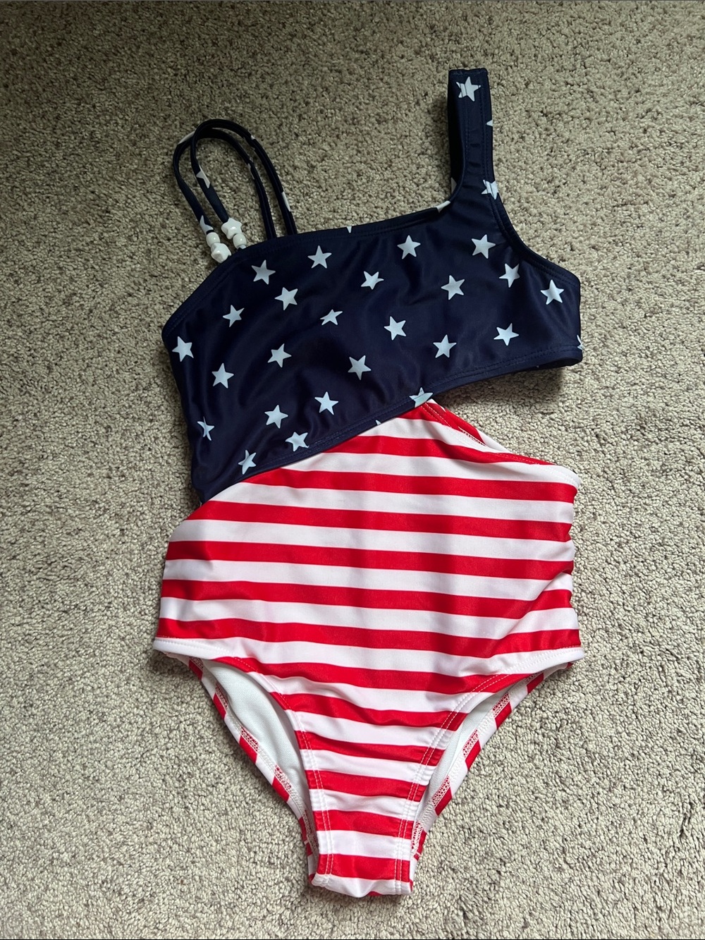 Girls Navy Star & Red Stripe One-Piece Swimsuit - Size 6/7